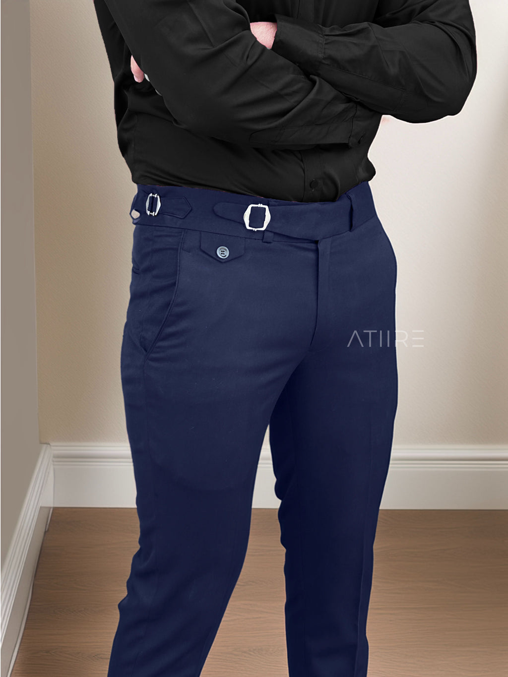 NAVY BLUE SINGLE PLEATED BUCKLE GURKHA PANTS