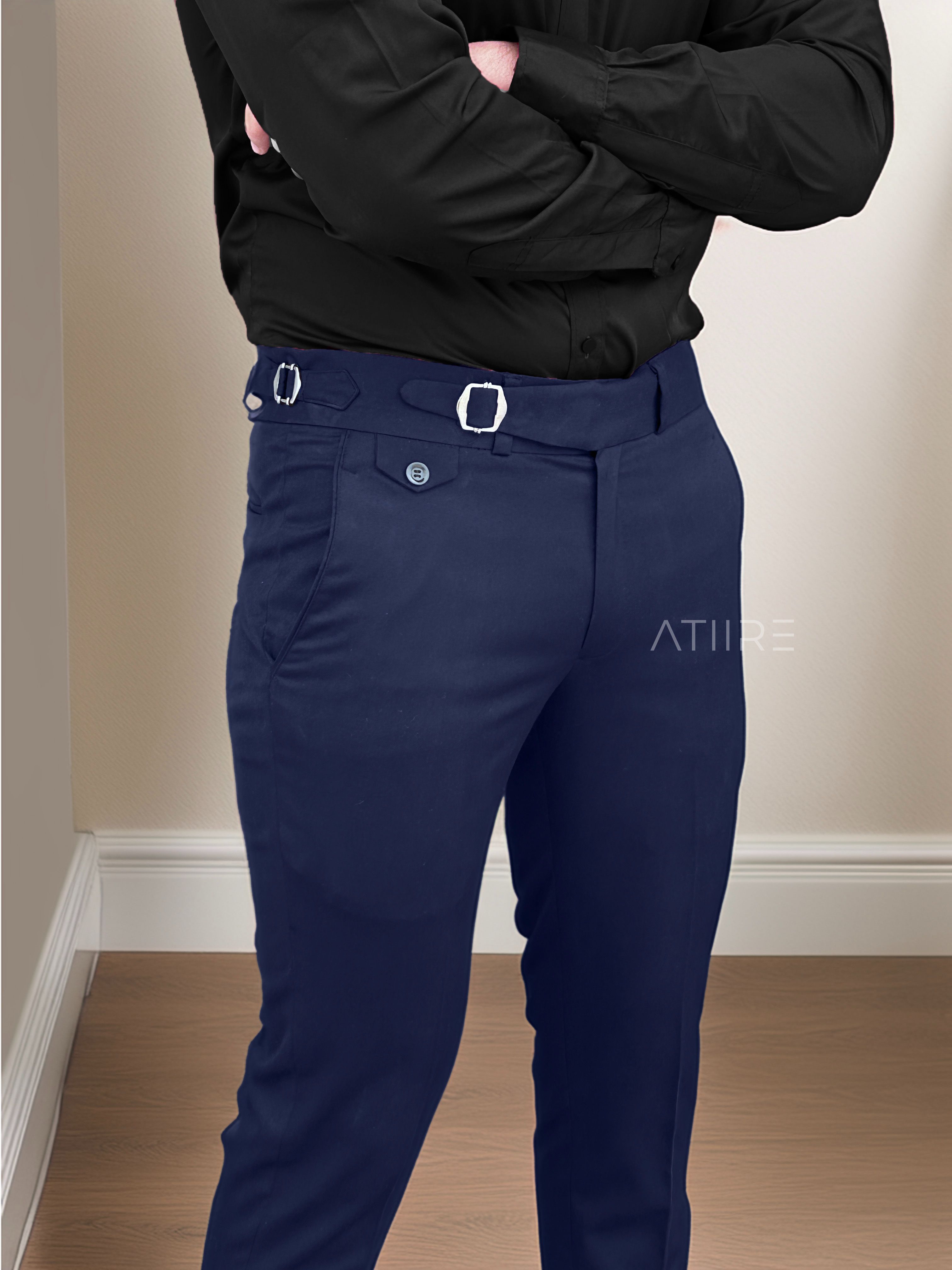 NAVY BLUE SINGLE PLEATED BUCKLE GURKHA PANTS