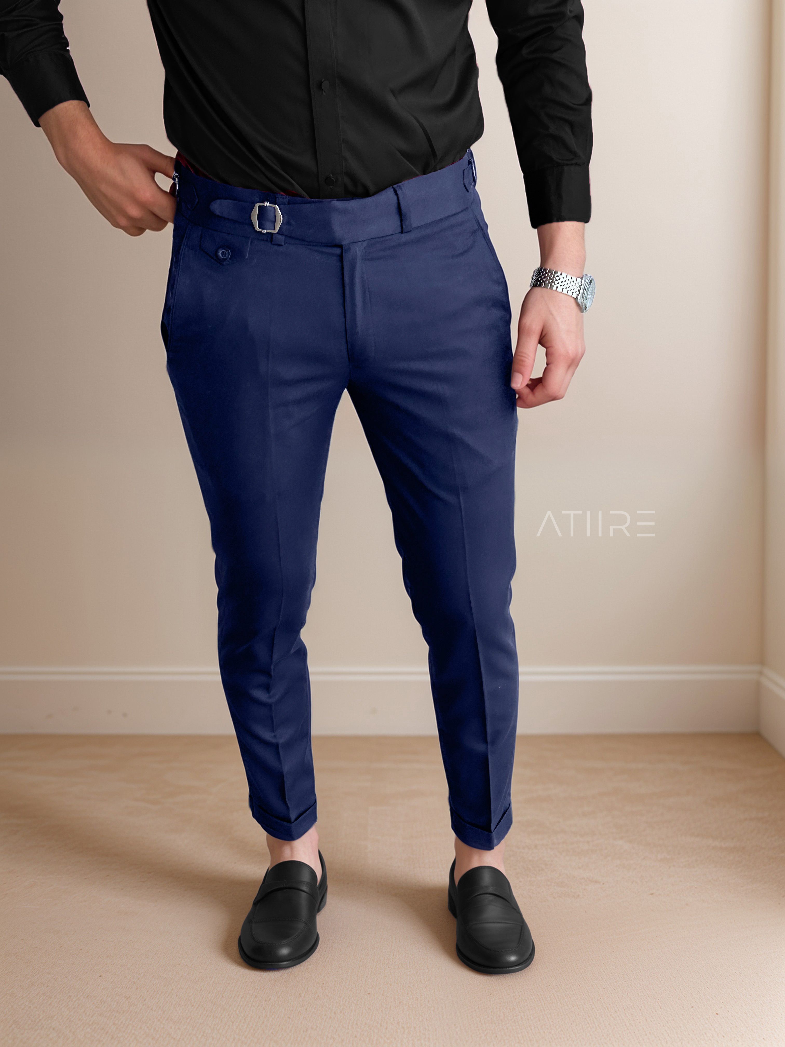 NAVY BLUE SINGLE PLEATED BUCKLE GURKHA PANTS