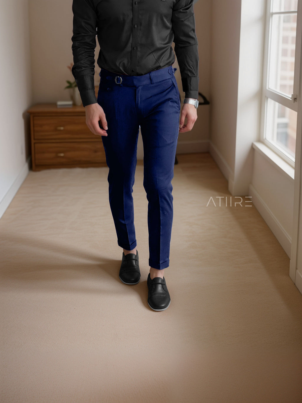 NAVY BLUE SINGLE PLEATED BUCKLE GURKHA PANTS