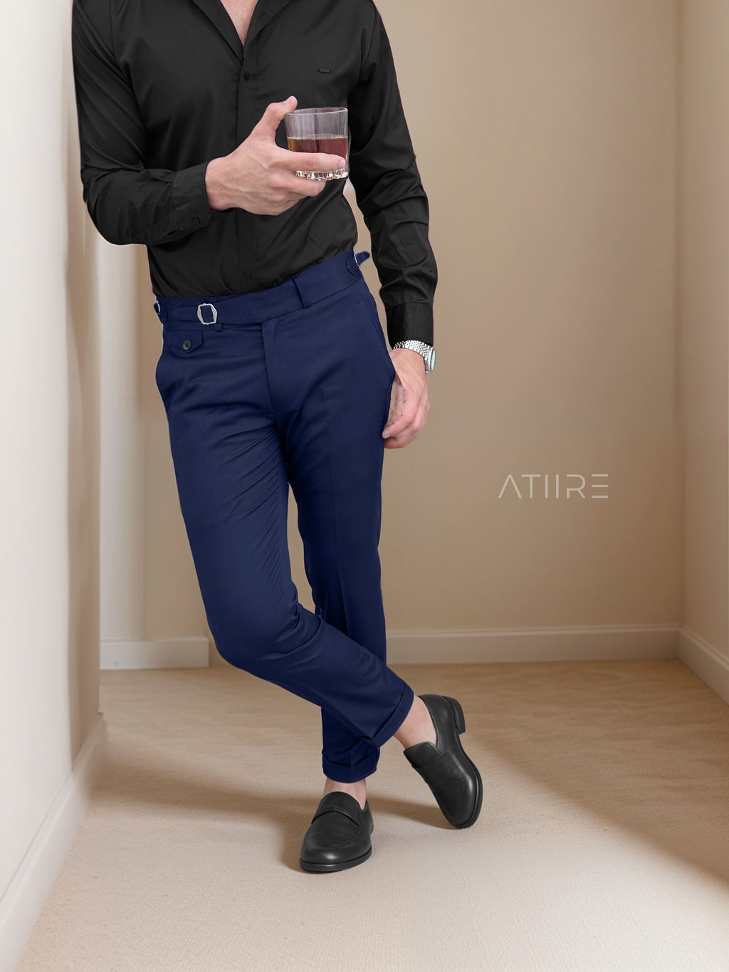 NAVY BLUE SINGLE PLEATED BUCKLE GURKHA PANTS