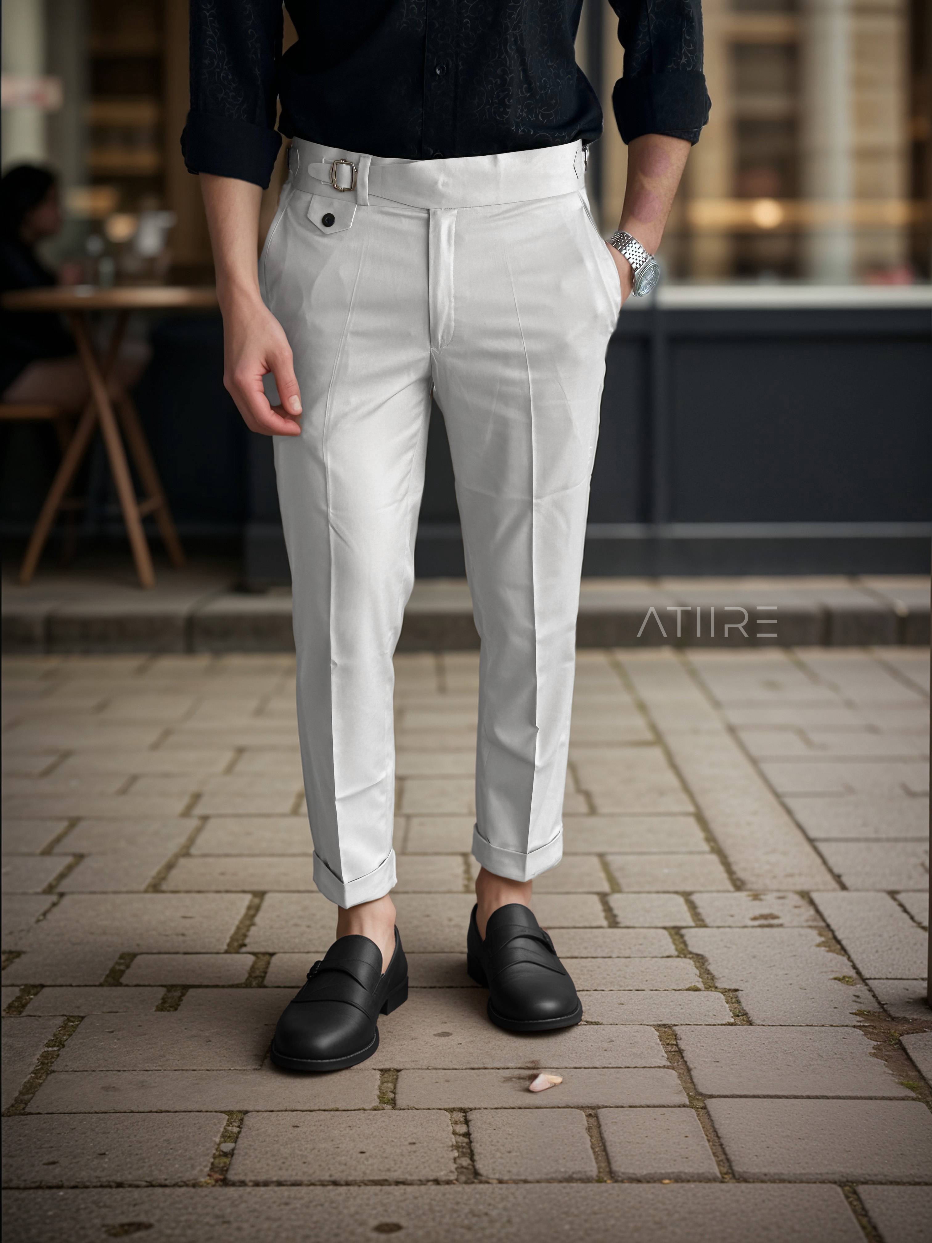 WHITE SINGLE PLEATED BUCKLE GURKHA PANTS